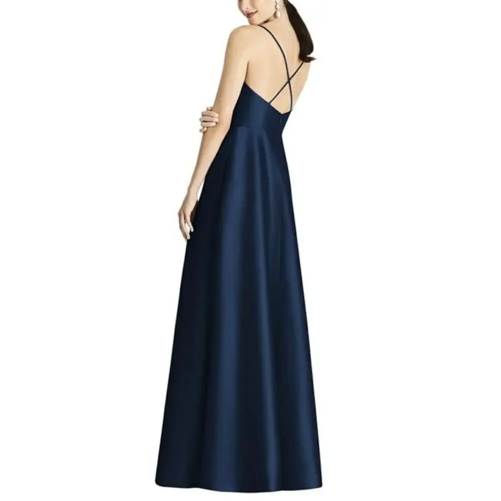 Alfred Sung V-Neck Criss Cross Back Satin Night Out Dress Midnight Blue Size 6 - Picture 2 of 6